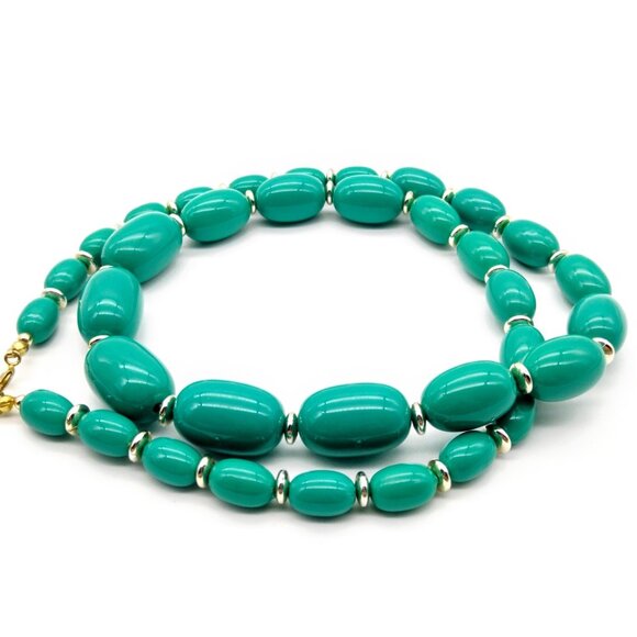 Vintage Teal Lucite Graduated Necklace with Oblong Beads and Silver Tone Spacer - Picture 2 of 3